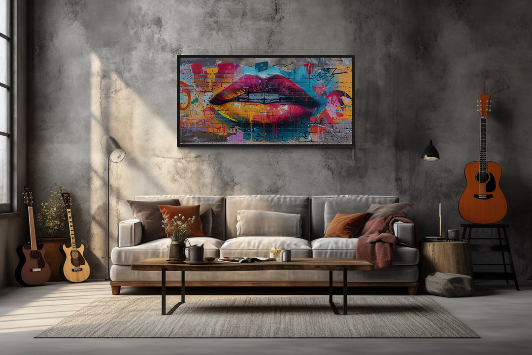 Trippy Lips Graffiti Painting Framed Large Canvas Wall Decor