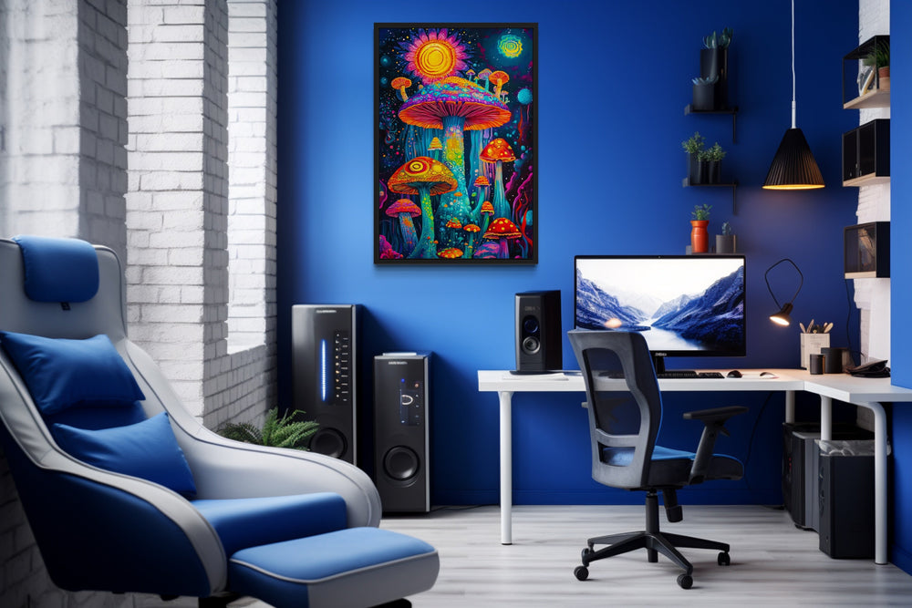 Trippy Mushrooms Framed Canvas Wall Art in game room