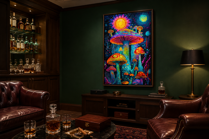 Vibrant trippy mushrooms framed canvas wall art in a dark green man cave with leather chairs.