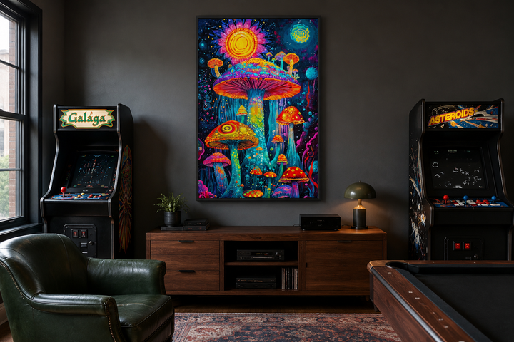 Trippy mushrooms framed canvas wall art in a dark game room with arcade machines and a pool table.