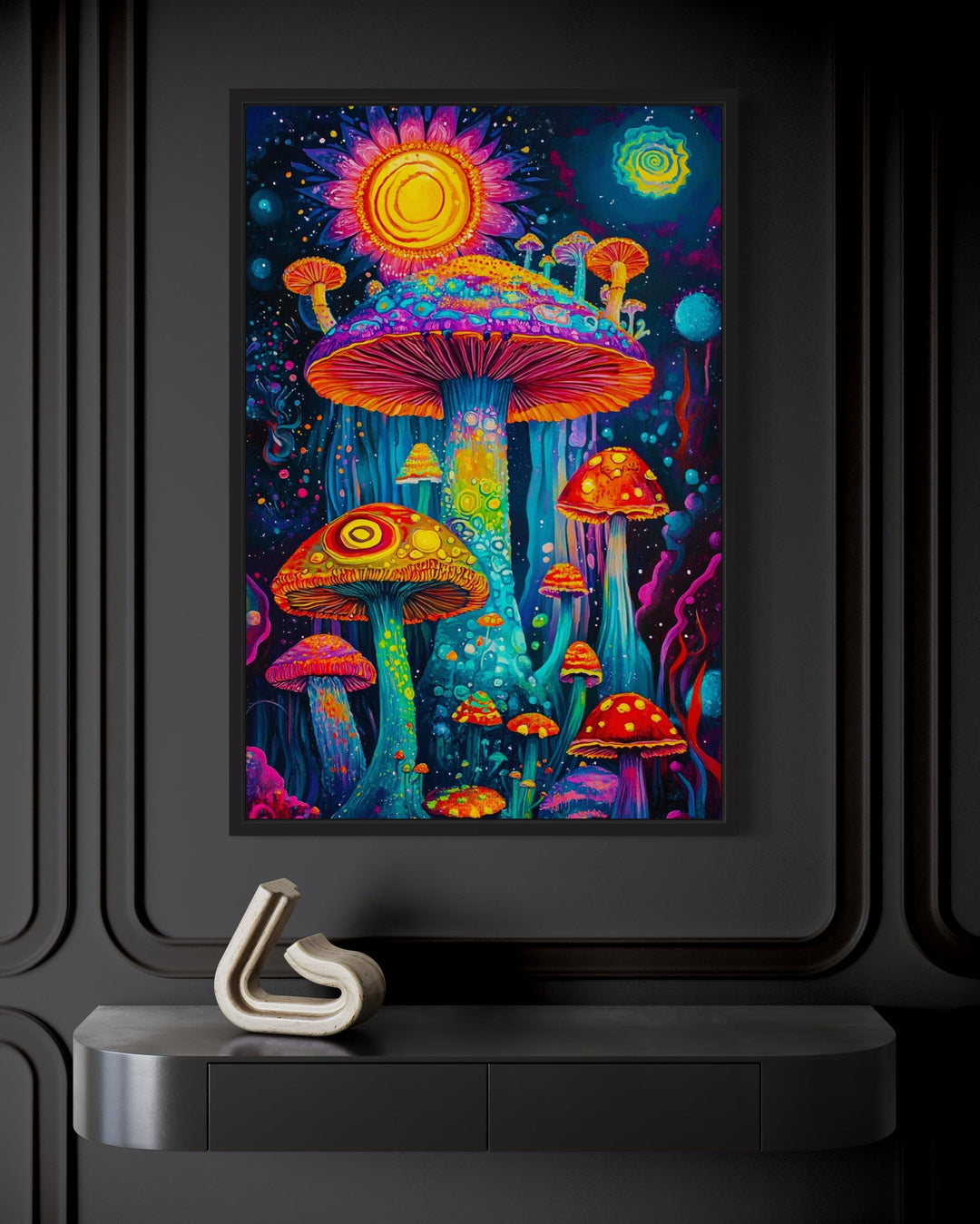 Trippy mushrooms framed canvas wall art with vibrant neon colors on a black paneled wall.