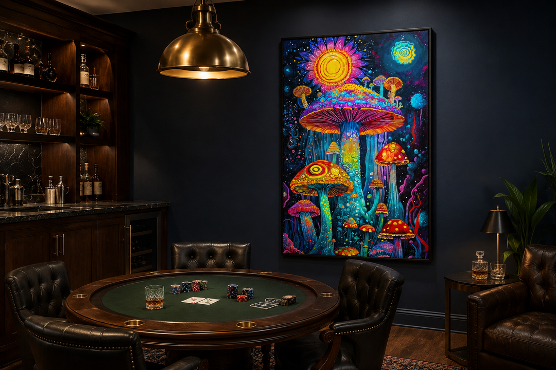 Vibrant trippy mushrooms framed canvas wall art hanging in a dark, sophisticated man cave setting.