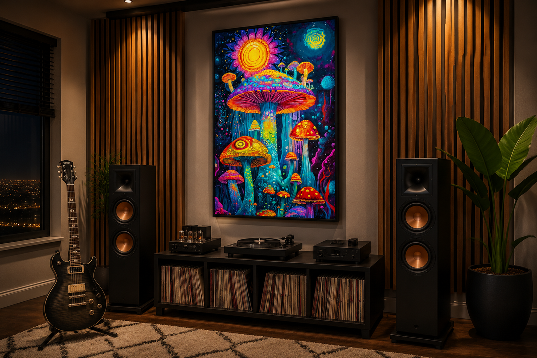 Vibrant trippy mushrooms framed canvas wall art in a modern living room with audio equipment.