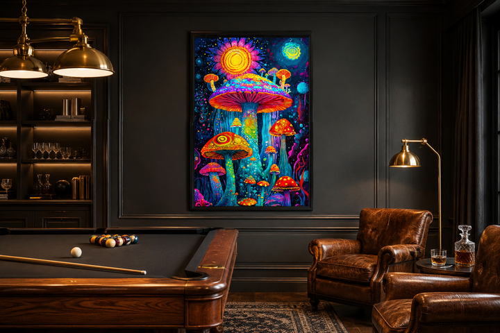 Trippy mushrooms framed canvas wall art in a dark man cave with a pool table and leather chairs.