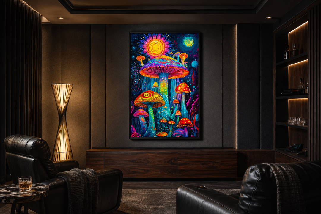Trippy mushrooms framed canvas wall art in a dark, modern lounge with leather chairs and warm light.