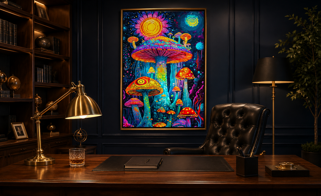 Vibrant trippy mushrooms framed canvas wall art hanging in a dark, sophisticated home office.