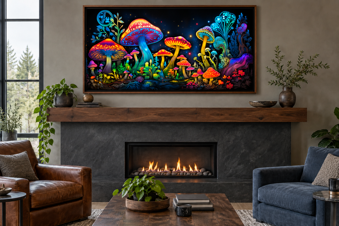 Trippy psychedelic mushroom framed canvas wall art hanging above a modern fireplace in a living room