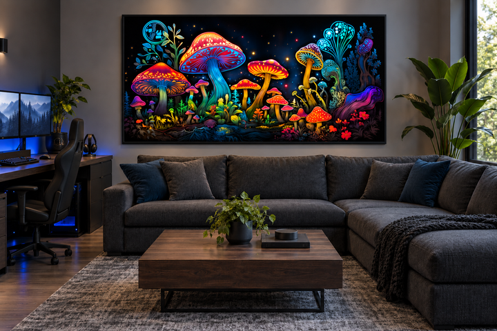 Trippy psychedelic mushroom framed canvas wall art hanging above a dark grey sectional sofa.