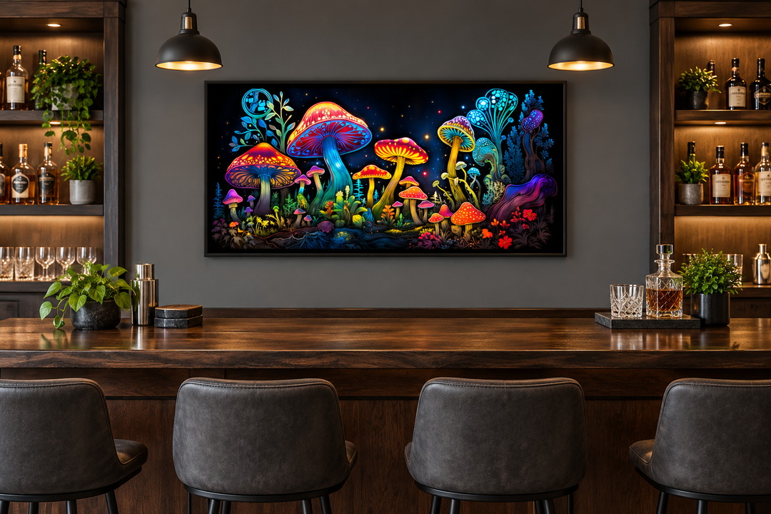 Framed canvas wall art of vibrant, glowing psychedelic mushrooms in a dark forest above a home bar.