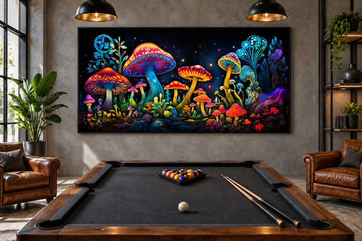 Trippy psychedelic mushrooms framed canvas wall art hanging above a pool table in a modern room.