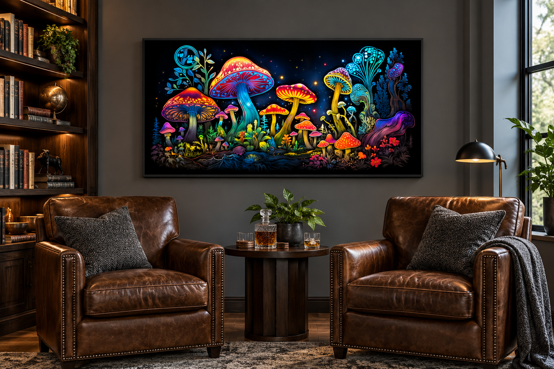 Trippy psychedelic mushrooms framed canvas wall art hanging in a library above leather armchairs.