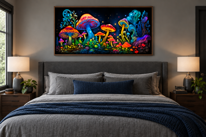 Trippy psychedelic mushroom framed canvas wall art hanging above a bed in a modern bedroom.