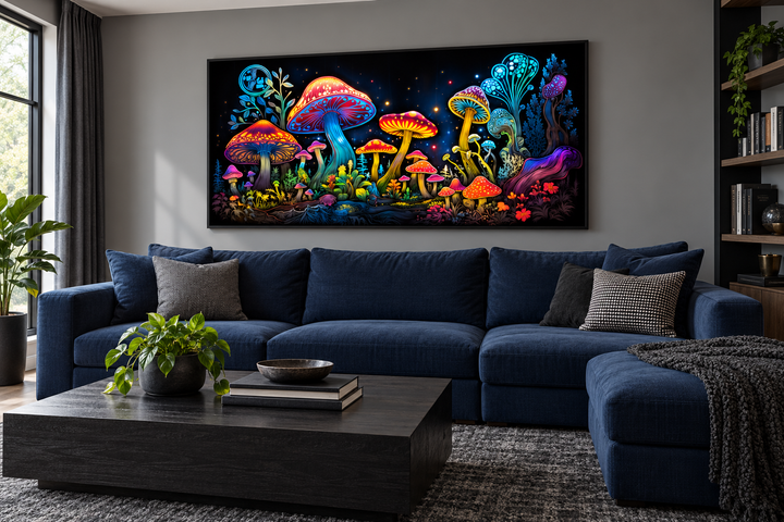 Trippy psychedelic mushroom framed canvas wall art hanging above a blue sofa in a modern living room