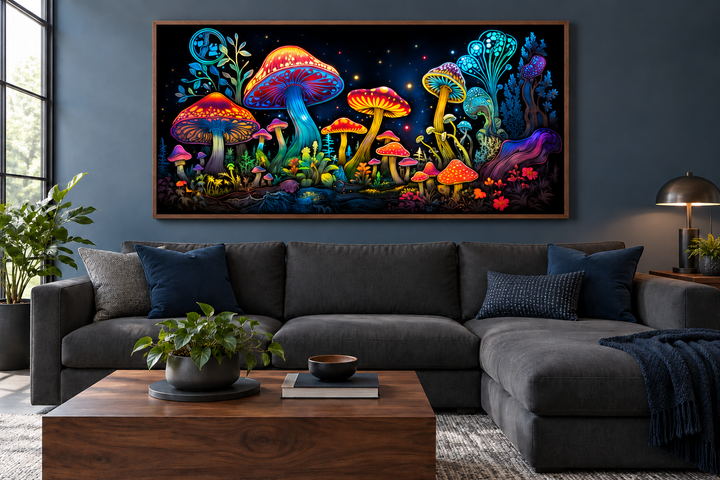 Trippy psychedelic mushrooms framed canvas wall art hanging above a dark grey sectional sofa.