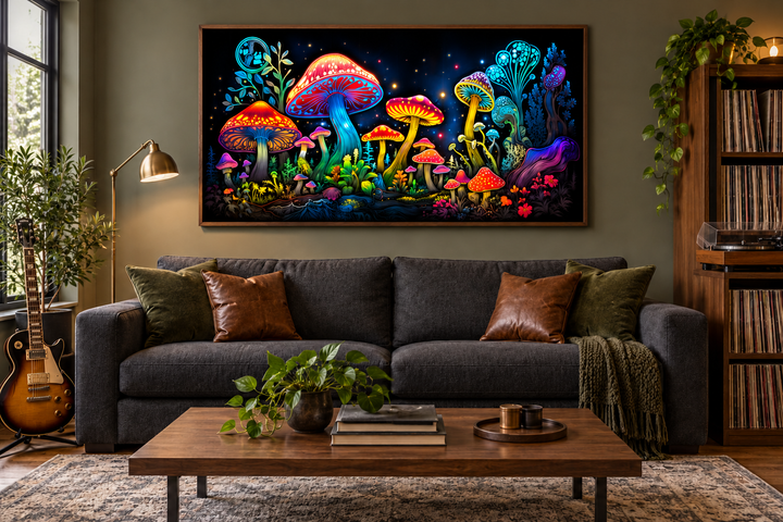 Trippy psychedelic mushrooms framed canvas wall art hanging above a sofa in a modern living room.