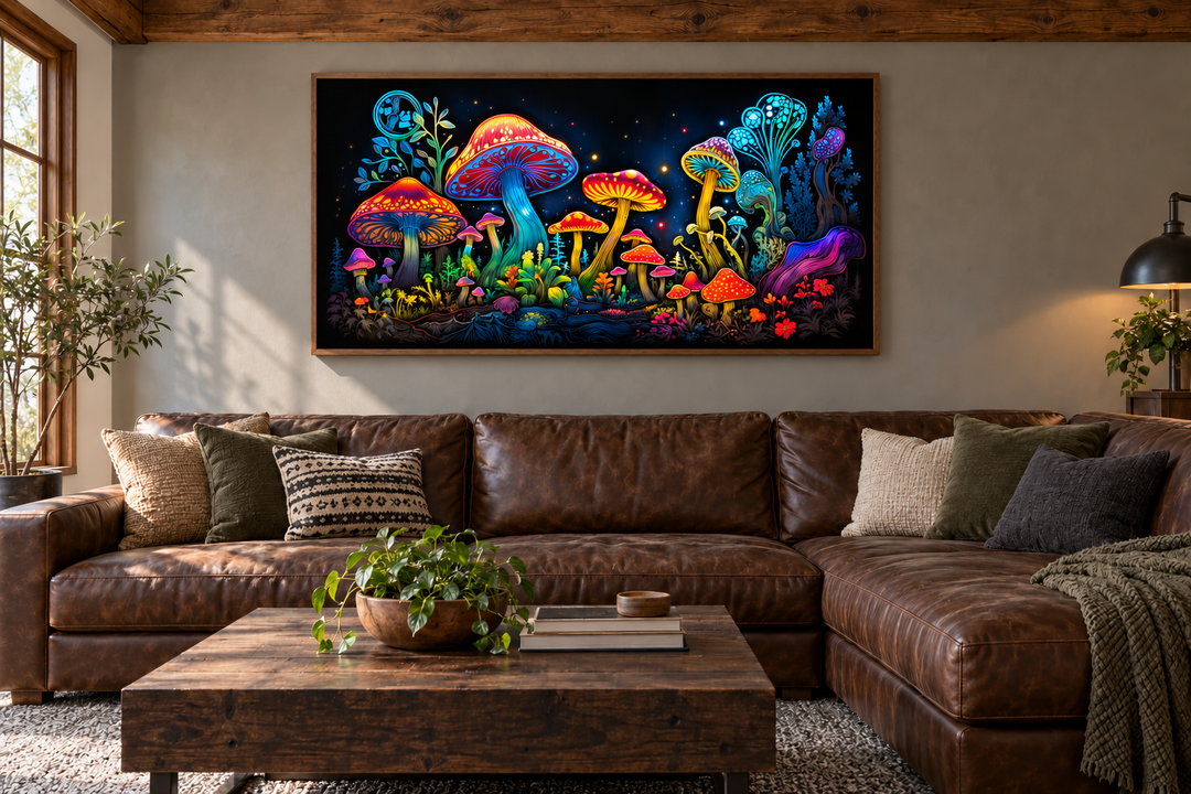 Trippy psychedelic mushrooms framed canvas wall art hanging above a brown leather sectional sofa.