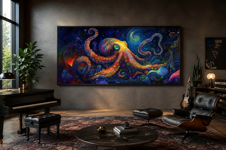 Psychedelic octopus framed canvas wall art in a modern living room with a piano and lounge chair.