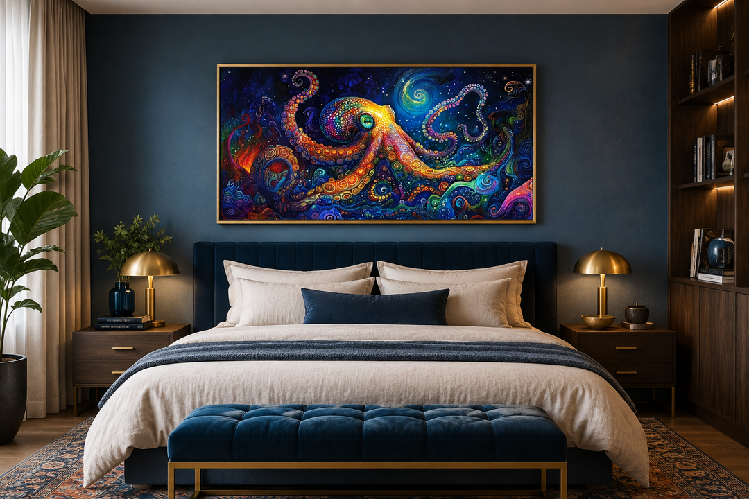Psychedelic octopus framed canvas wall art above a bed in a navy blue bedroom.
