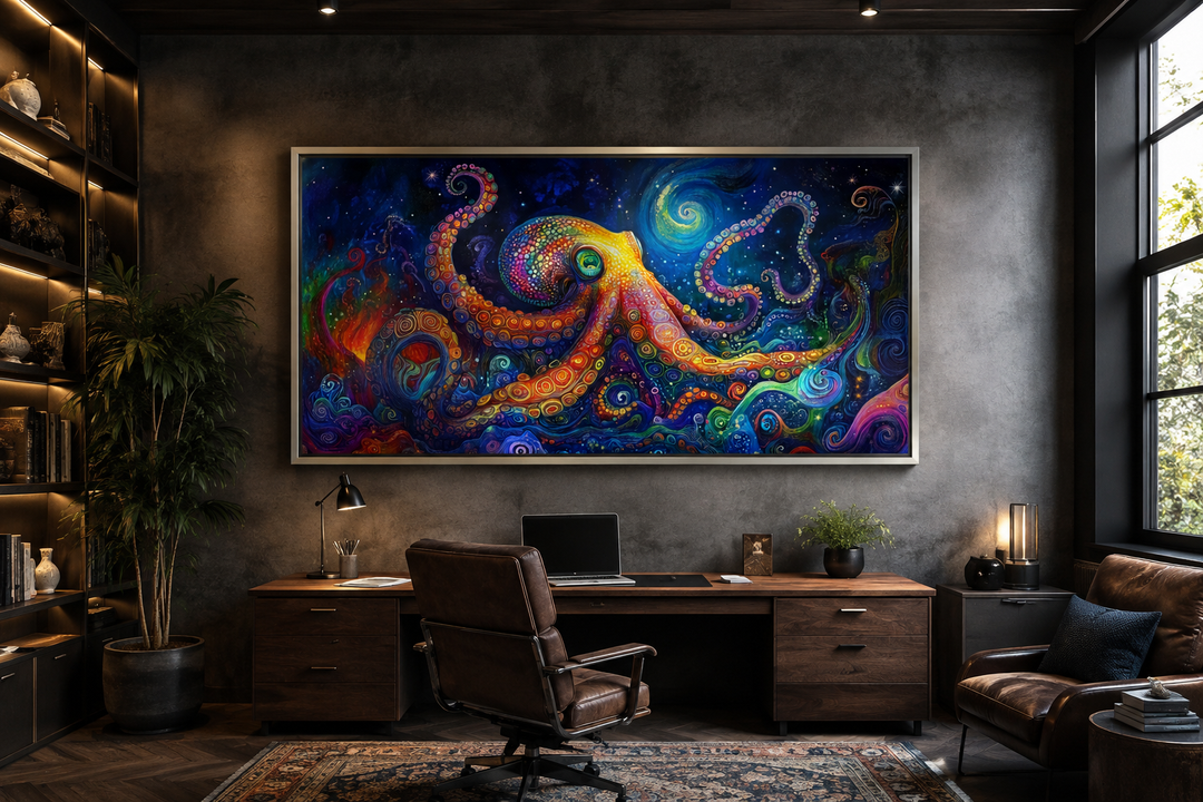 Psychedelic octopus framed canvas wall art in a modern home office setting.