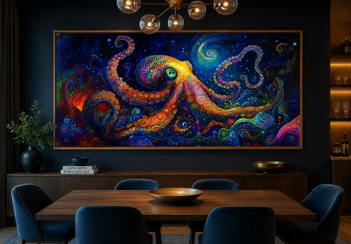Psychedelic octopus framed canvas wall art in a modern dining room with dark walls and blue chairs.