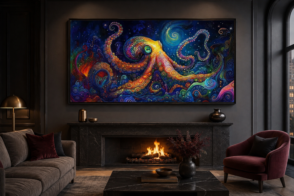 Psychedelic octopus framed canvas wall art above a fireplace in a dark, modern living room.