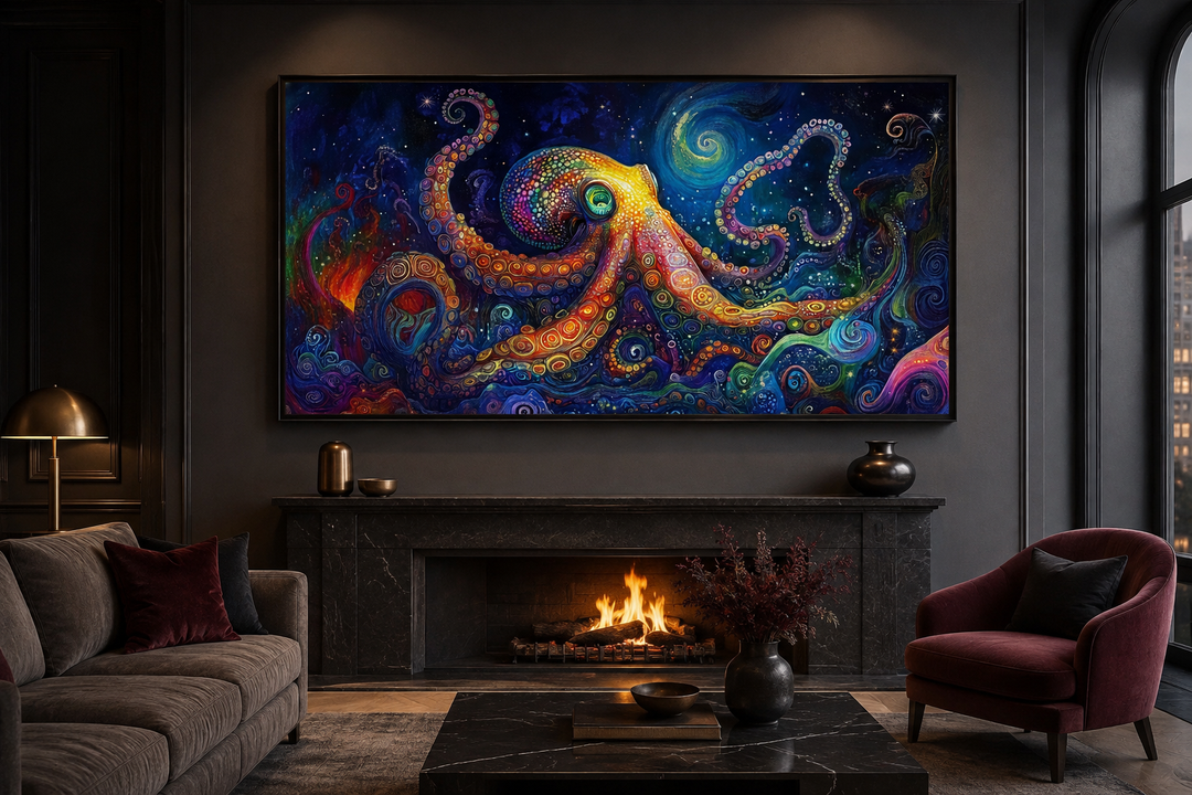 Psychedelic octopus framed canvas wall art above a fireplace in a dark, modern living room.