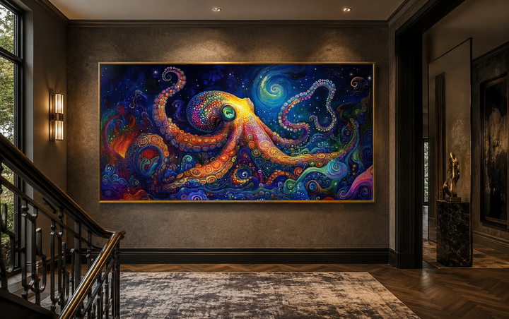Psychedelic octopus framed canvas wall art with vibrant colors on a dark textured wall.