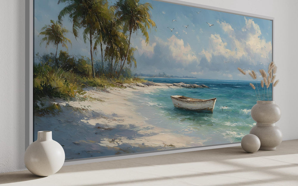 Tropical Beach And White Boat Painting Canvas Wall Art