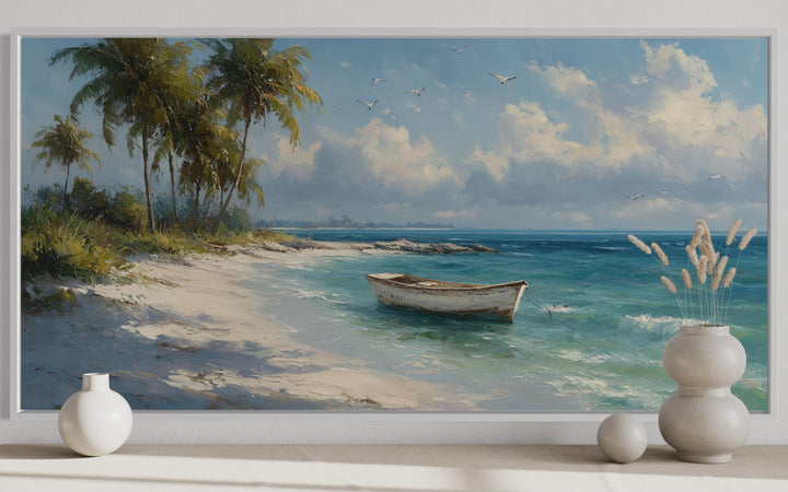 Tropical Beach And White Boat Painting Canvas Wall Art
