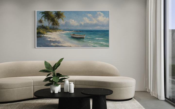 Tropical Beach And White Boat Painting Canvas Wall Art