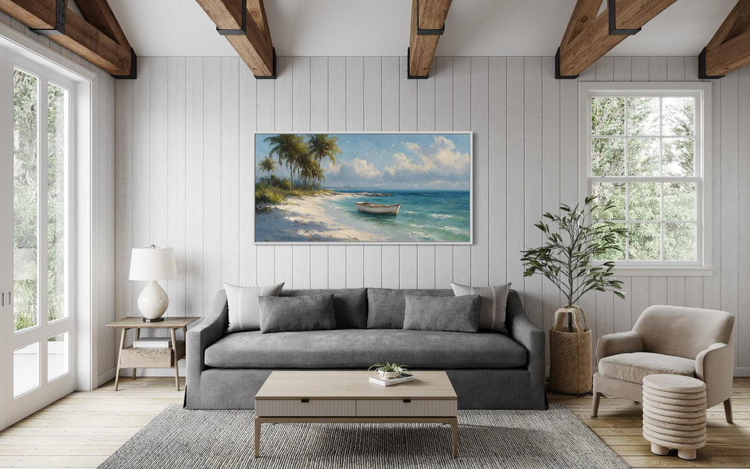 Tropical Beach And White Boat Painting Canvas Wall Art