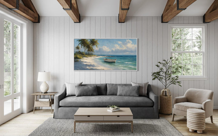 Tropical Beach And White Boat Painting Canvas Wall Art