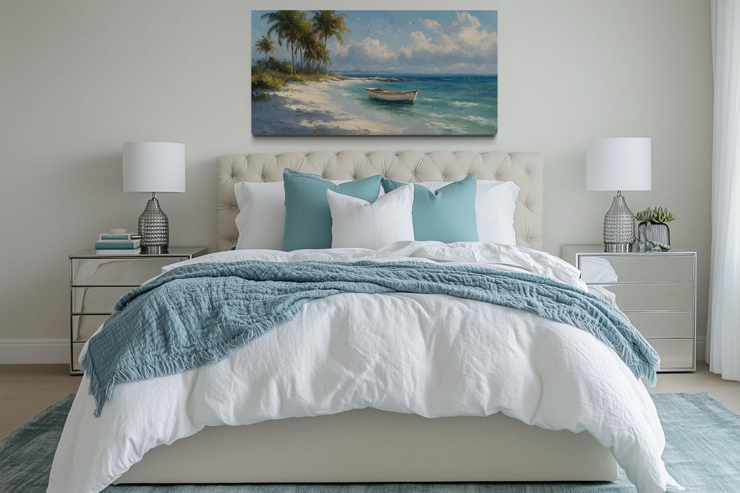 Tropical Beach And White Boat Painting Canvas Wall Art