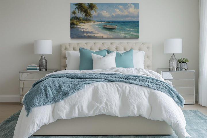 Tropical Beach And White Boat Painting Canvas Wall Art