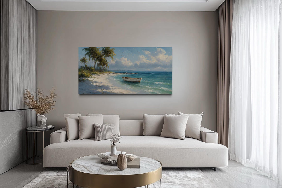 Tropical Beach And White Boat Painting Canvas Wall Art