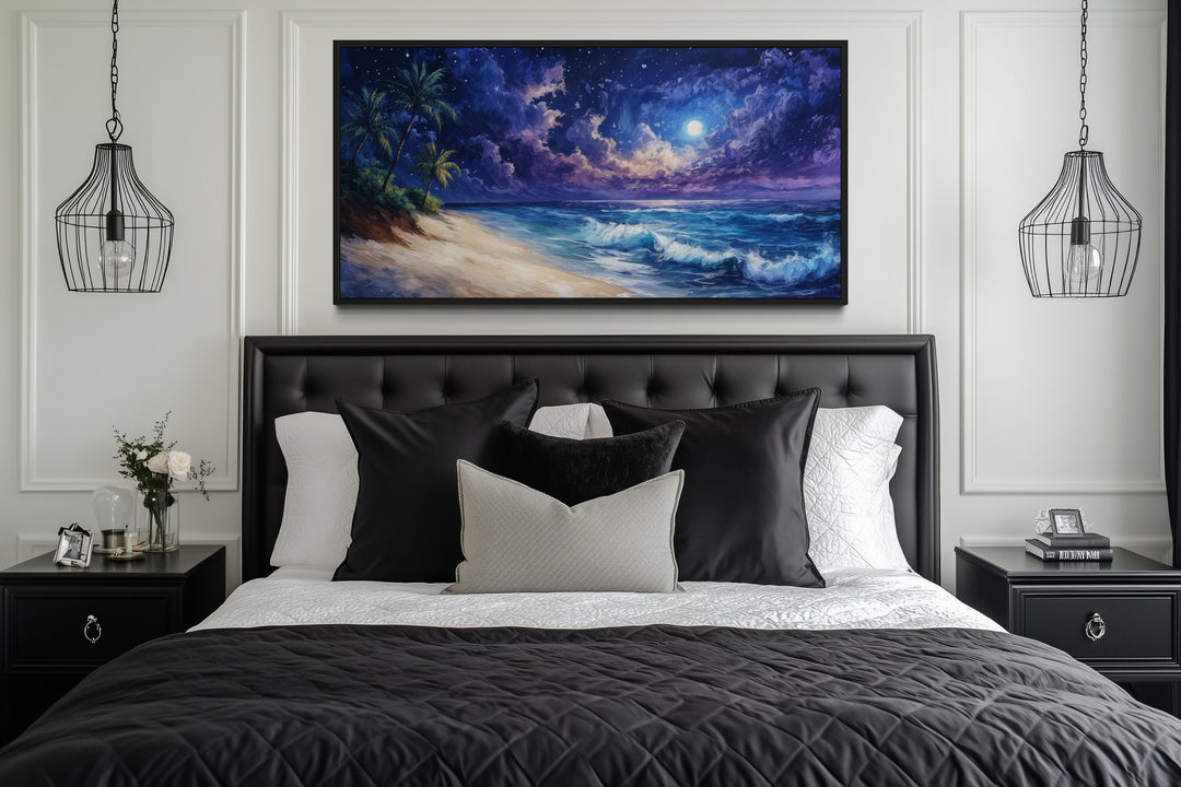 Tropical Beach At Night Under Starry Sky Framed Canvas Wall Art