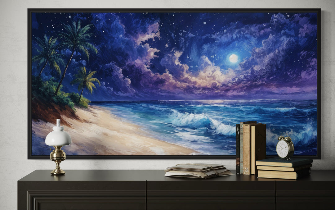 Tropical Beach At Night Under Starry Sky Framed Canvas Wall Art