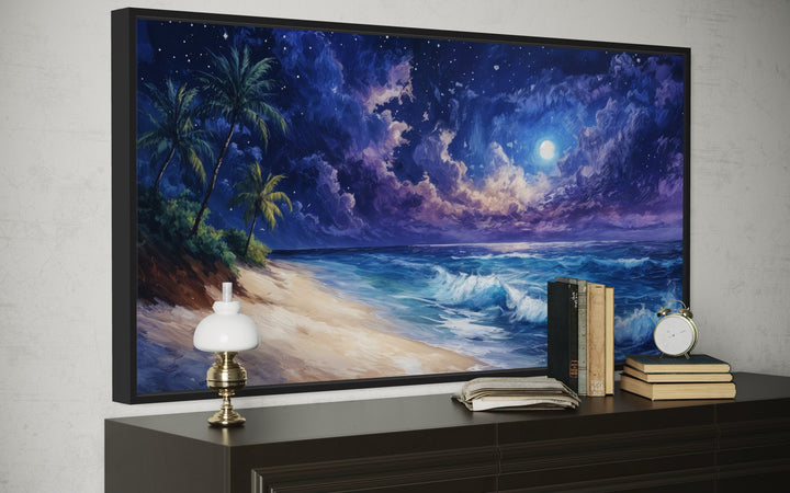 Tropical Beach At Night Under Starry Sky Framed Canvas Wall Art