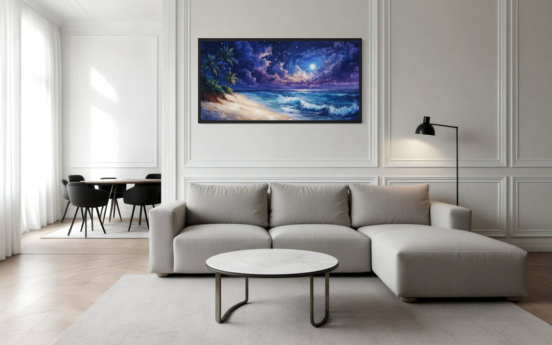 Tropical Beach At Night Under Starry Sky Framed Canvas Wall Art