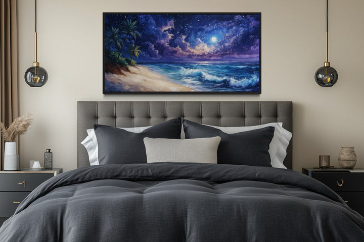 Tropical Beach At Night Under Starry Sky Framed Canvas Wall Art