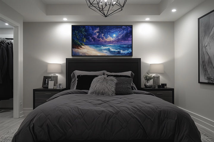 Tropical Beach At Night Under Starry Sky Framed Canvas Wall Art