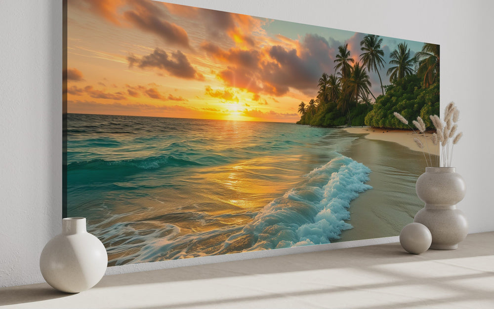 Tropical Beach At Sunset Framed Canvas Wall Art