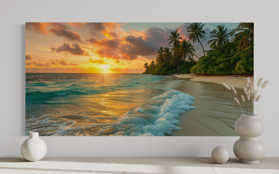 Tropical Beach At Sunset Framed Canvas Wall Art