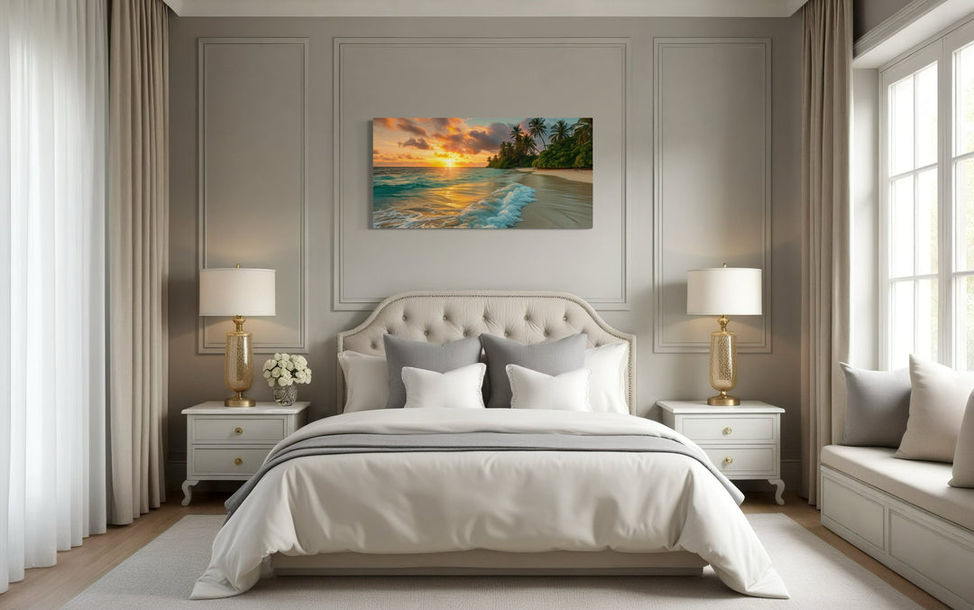 Tropical Beach At Sunset Framed Canvas Wall Art