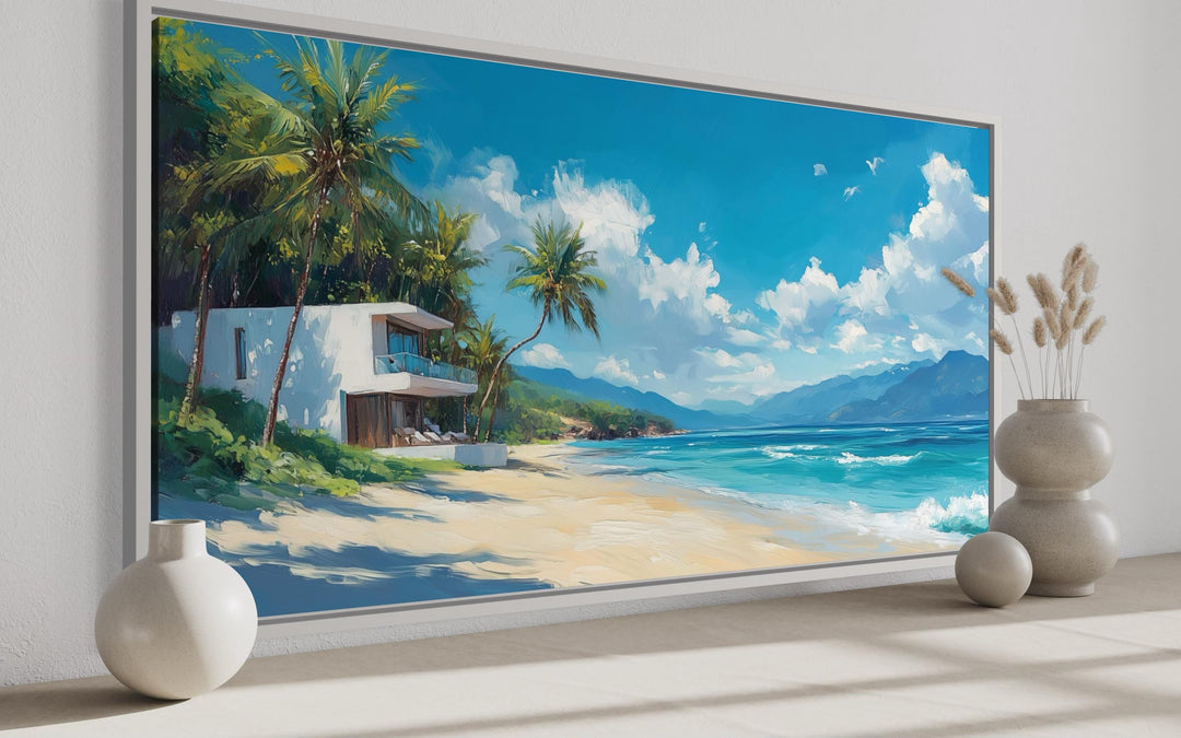 Tropical Beach House Ocean View Horizontal Canvas Wall Art