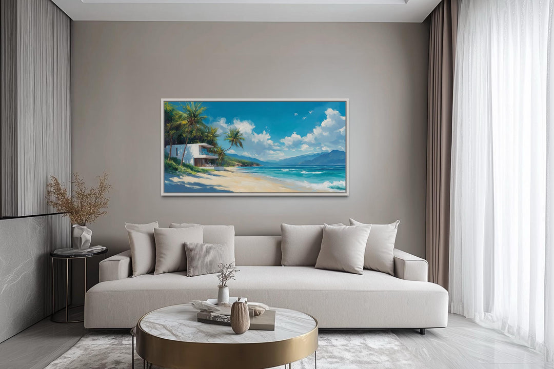 Tropical Beach House Ocean View Horizontal Canvas Wall Art