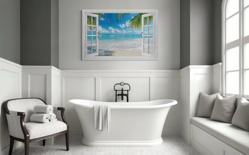 Tropical Beach Open Window View Canvas Wall Art
