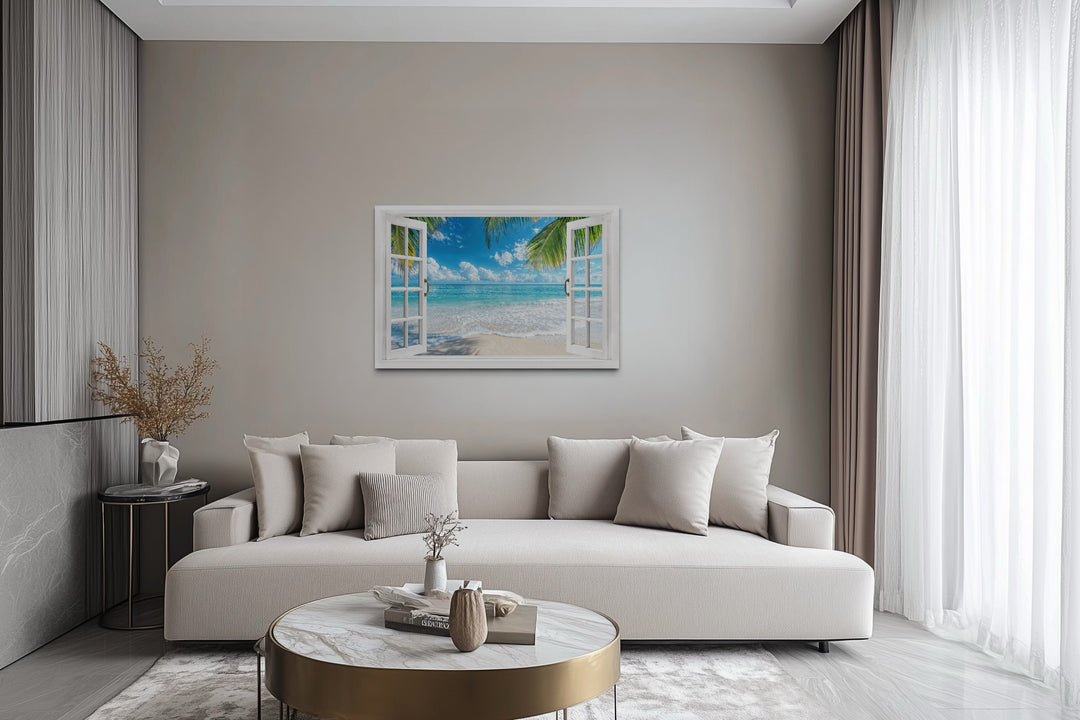 Tropical Beach Open Window View Canvas Wall Art