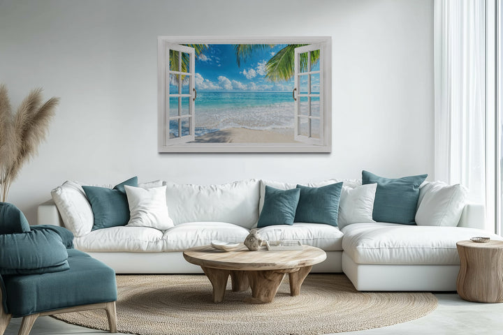 Tropical Beach Open Window View Canvas Wall Art