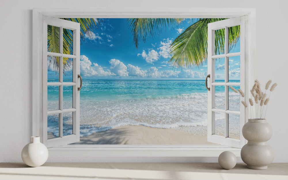 Tropical beach open window view canvas wall art.